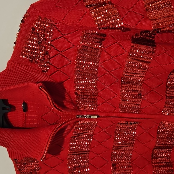 Berek Red Sequin Knit Cardigan Sweater Zip Front Long Sleeves Large - Picture 2 of 8